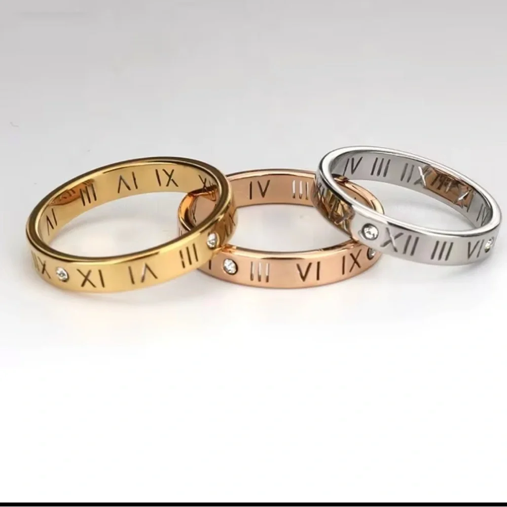 Stylish Roman Numeral Stainless Steel Ring with Crystal Accent – Size 7